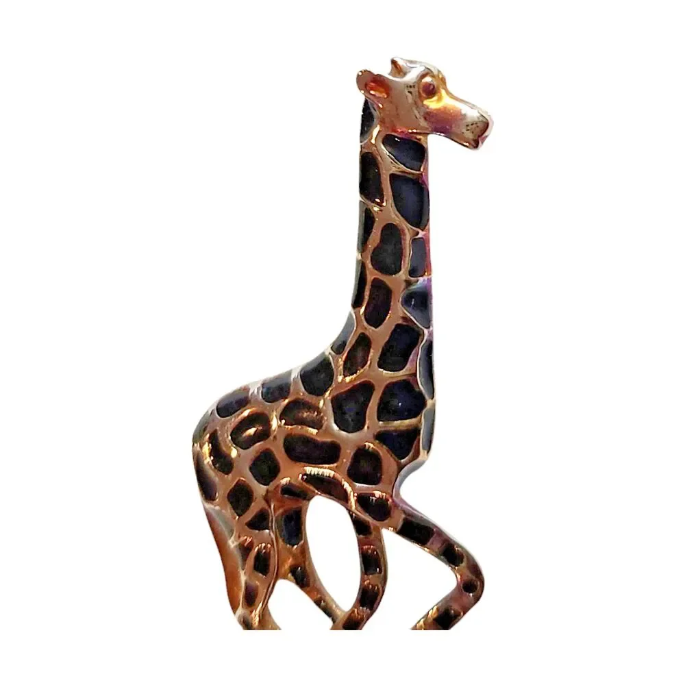 Vintage Giraffe Brooch Gold Tone Black Enamel Spots Red Eyes